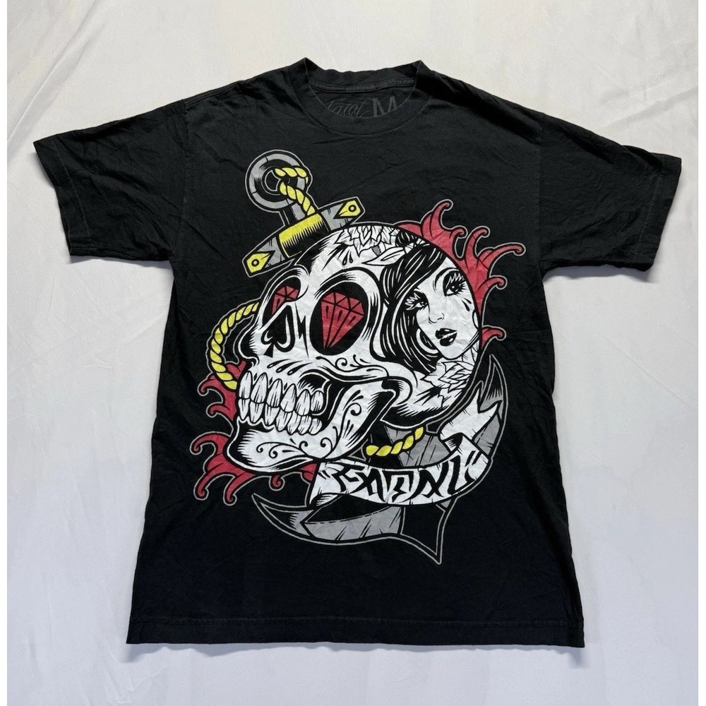 Fatal Skull Graphic T-shirt Men's M black Tattoo Art tee Diamond Light Stains